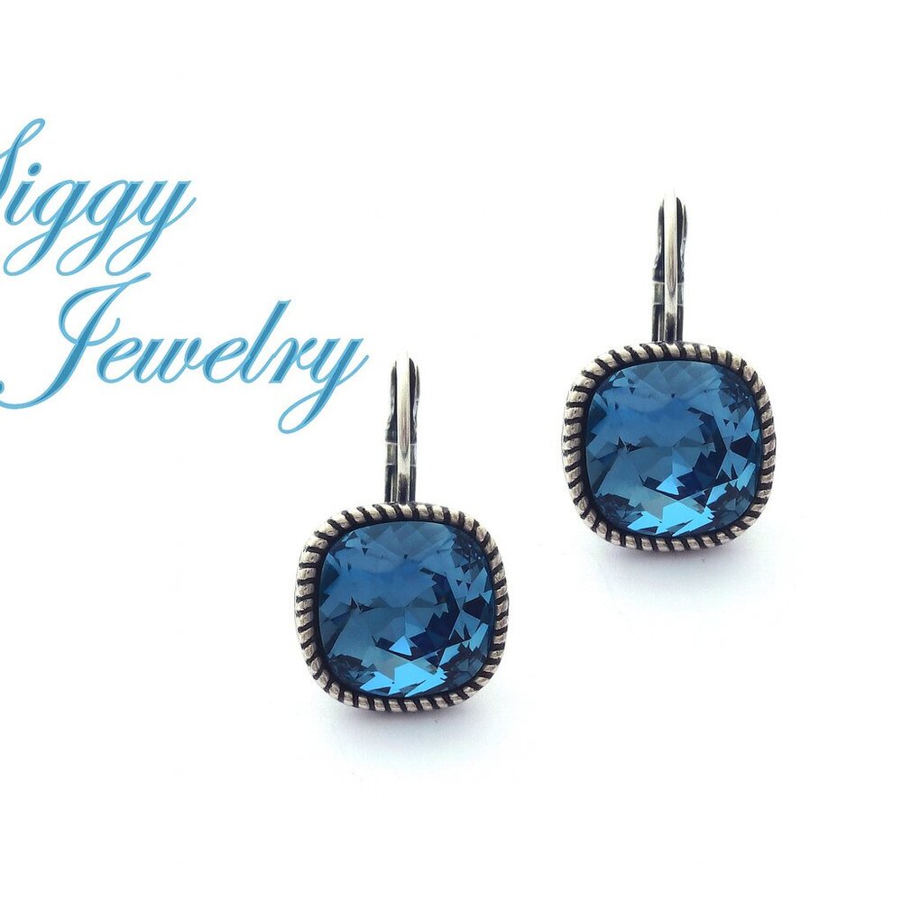 Denim Blue Austrian Crystal Earrings: Cushion Cut Lever Backs, Siggy Jewelry